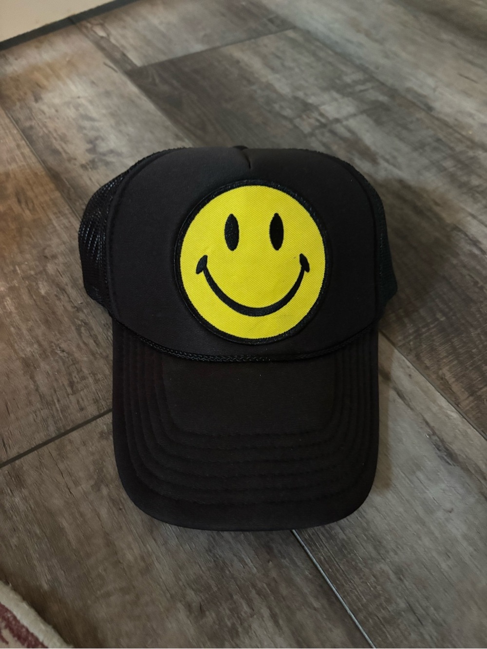 Aviator Nation Black Trucker Hat with Yellow Smiley Patch